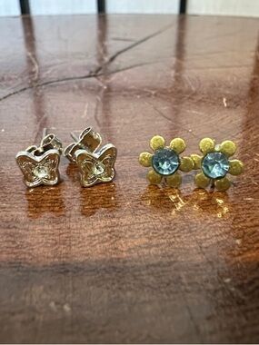 Set 2- Silver Butterfly and Gold Flower Blue Crystal Stud Earrings NEW 🎁 Wrapped